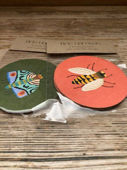 Drinks Coasters With Reversible Designs- Moth & Bee