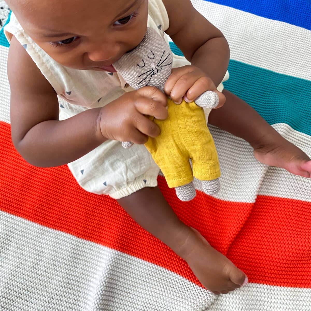 Cotton Knit Stroller/Pram Baby Blanket: Striped Rainbow