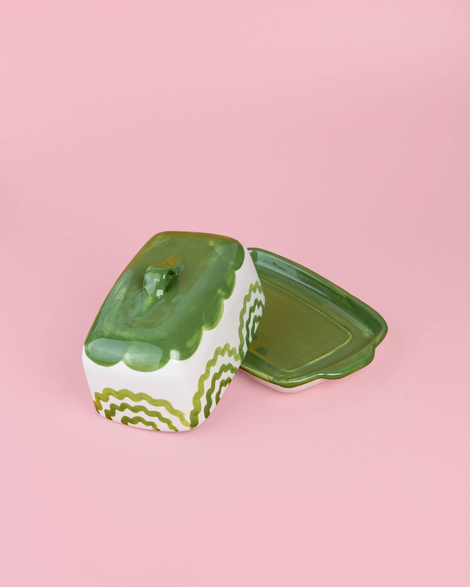 Artisanal Ceramic Butter Dish | Green & White