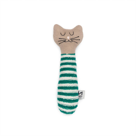 Cotton Knit Baby Rattle Toy: Cat Green