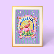 Print of the Scorpio zodiac sign with a scorpion, decorative elements on a purple background and the word Scorpio.