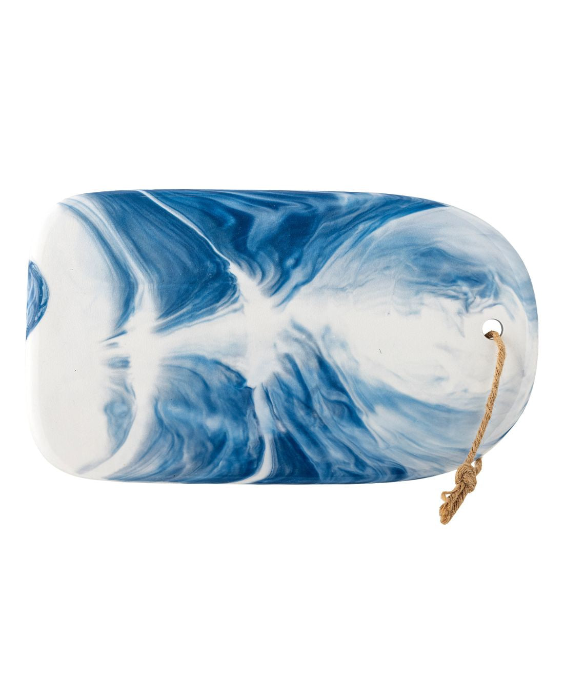 Marbled blue and white pouch with a rope handle on a white background