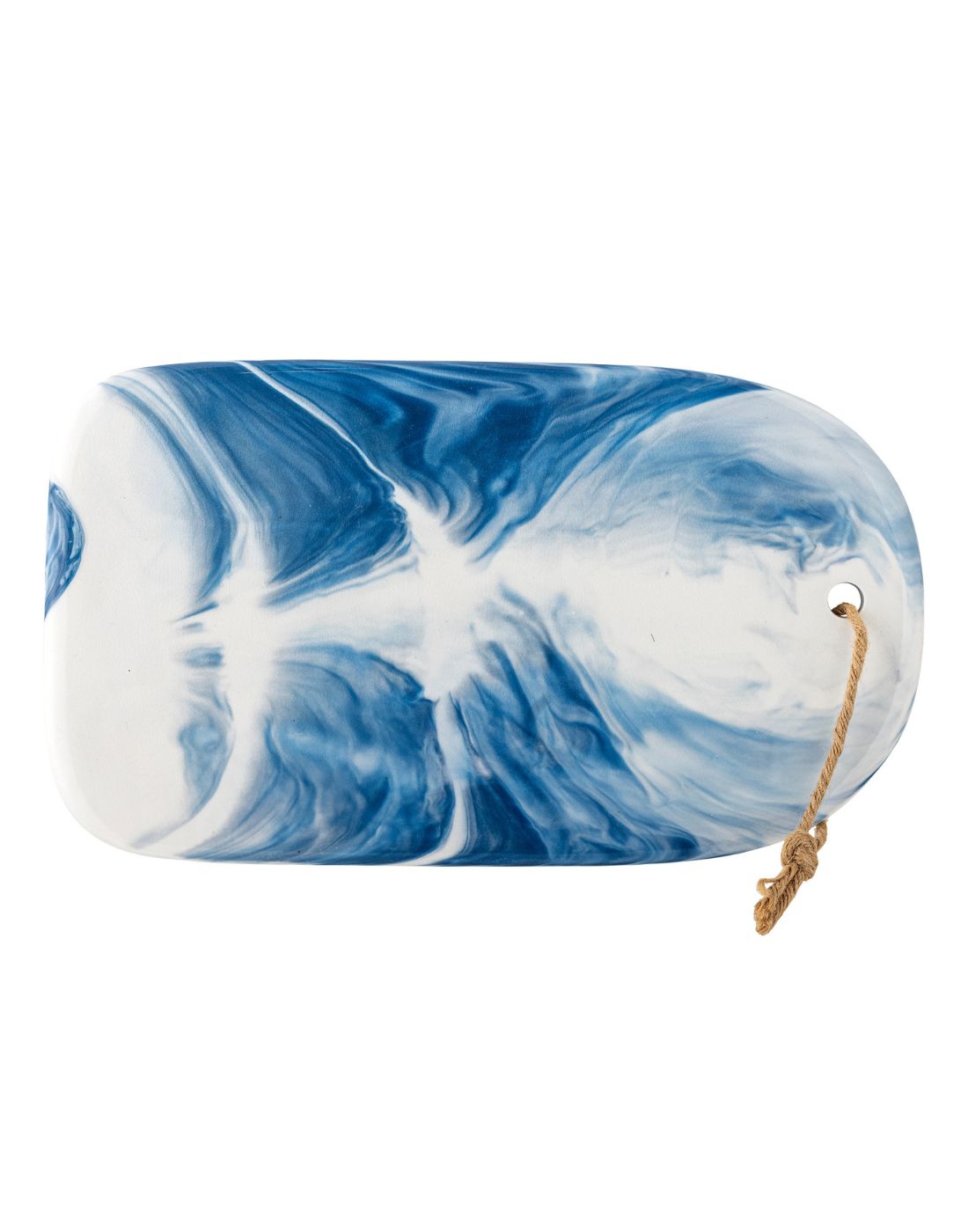 Marbled blue and white pouch with a rope handle on a white background