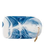 Marbled blue and white pouch with a rope handle on a white background
