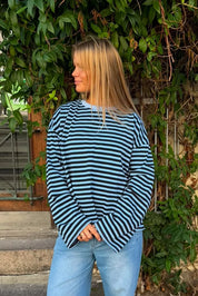Anna Striped Crewneck | Black & Blue