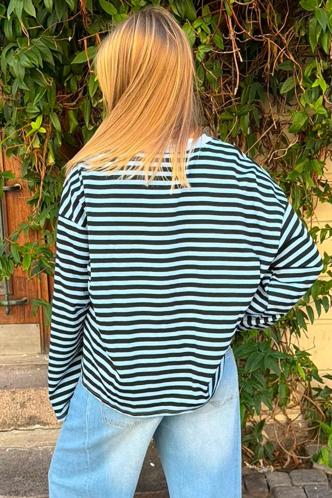 Anna Striped Crewneck | Black & Blue