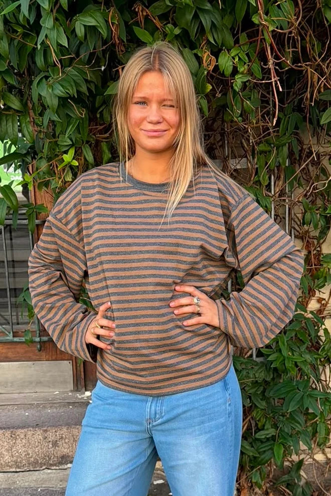 Anna Striped Crewneck | Grey & Coffee