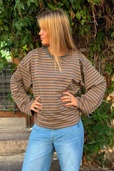 Anna Striped Crewneck | Grey & Coffee