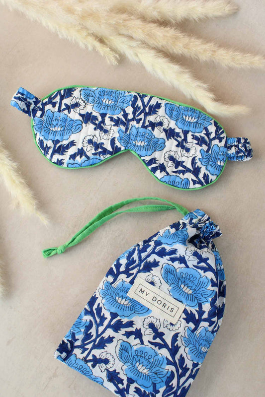 The Every Space Blue floral block print eye mask with elastic strap and matching drawstring bag made from cotton by My Doris 