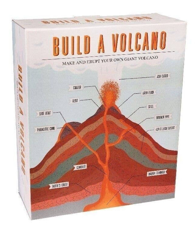 Box for 'Build a Volcano' kit with volcano illustration and text on a white background