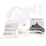Science experiment kit with goggles, chemicals, and instructions on a white background
