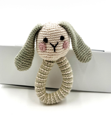 The Every Space handmade new baby teal Bunny Ring Rattle crocheted in organic cotton with polyester fill by Pebble Child