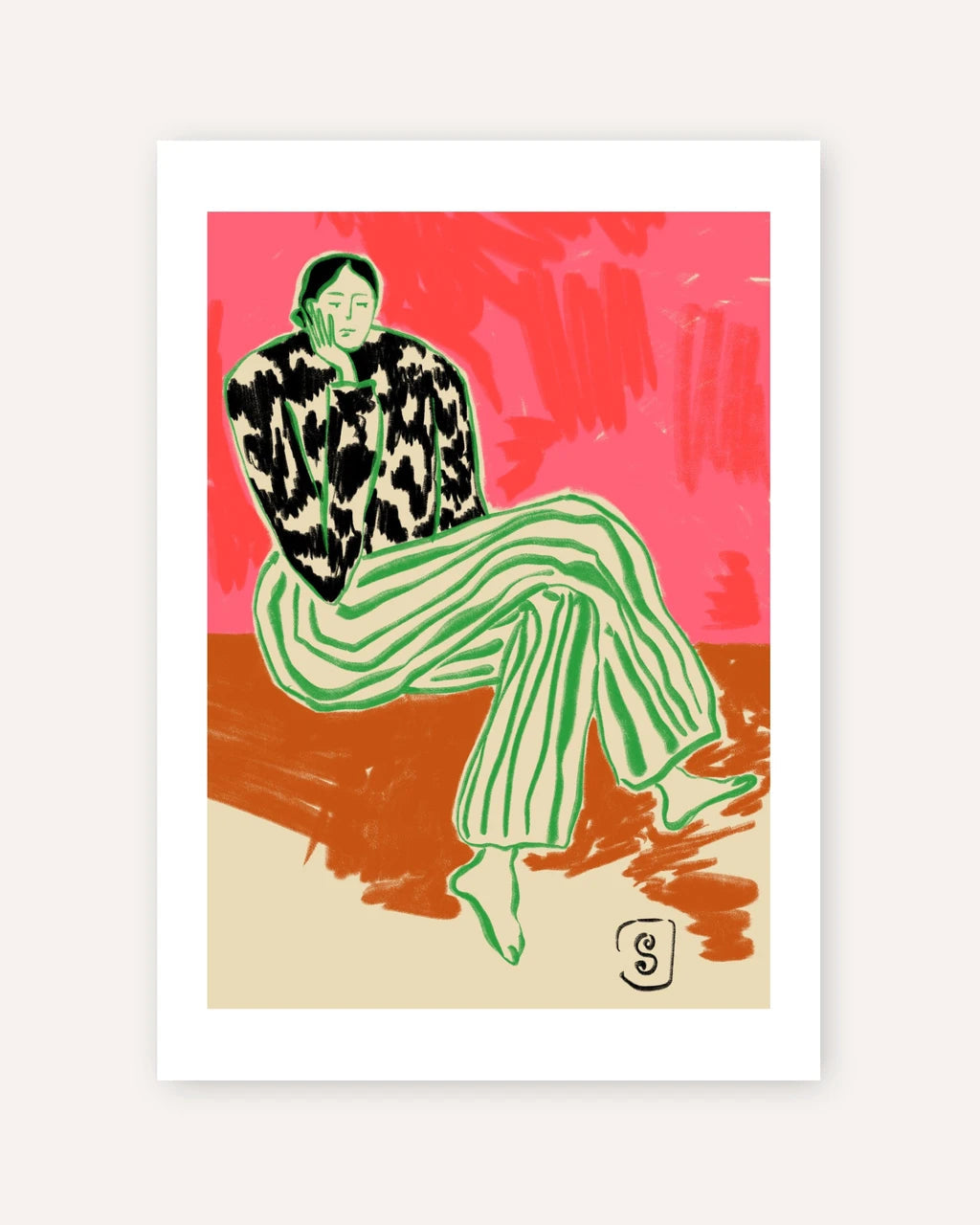 A framed art print featuring a stylized illustration of a seated person in a black-and-white patterned top and green striped pants, set against a pink and rust background with a beige lower section.
