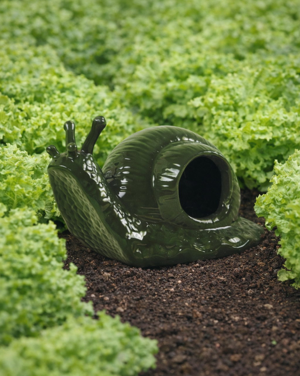 Green snail-shaped slug trap on a bed of green grass