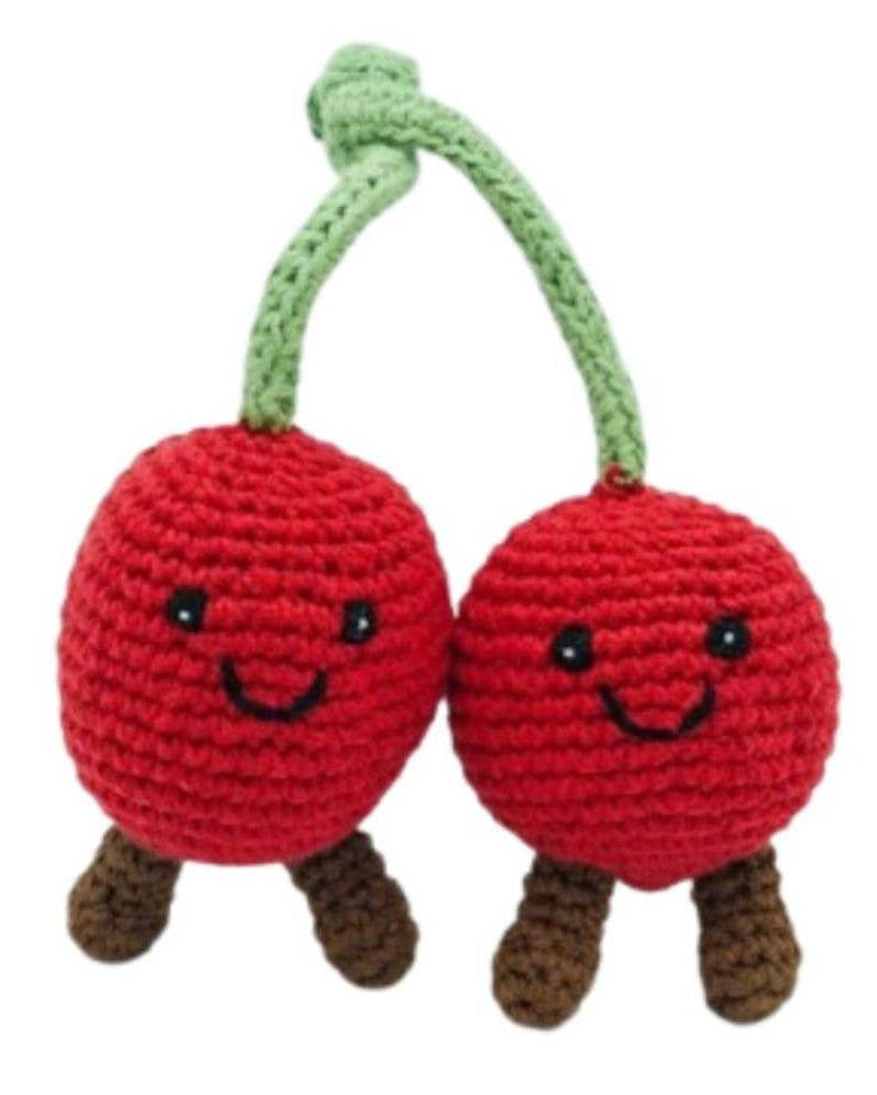 Best Years crochet cherries baby rattle with smiling faces on a plain background