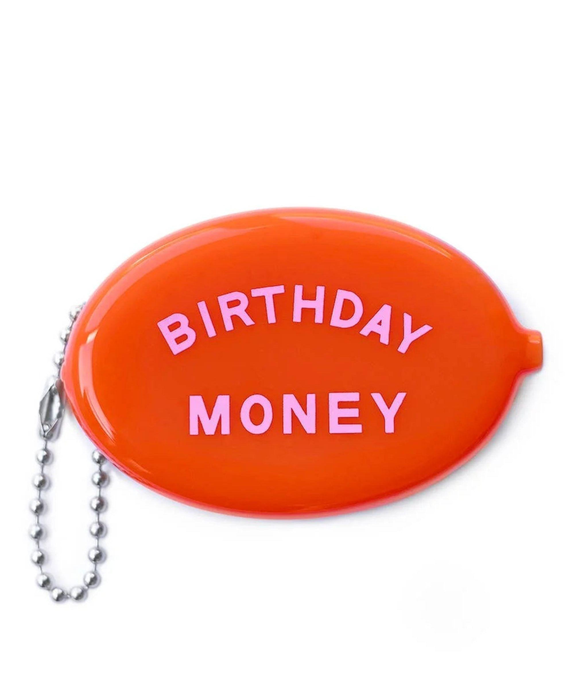 Red vinyl coin pouch with Birthday Money in cream text