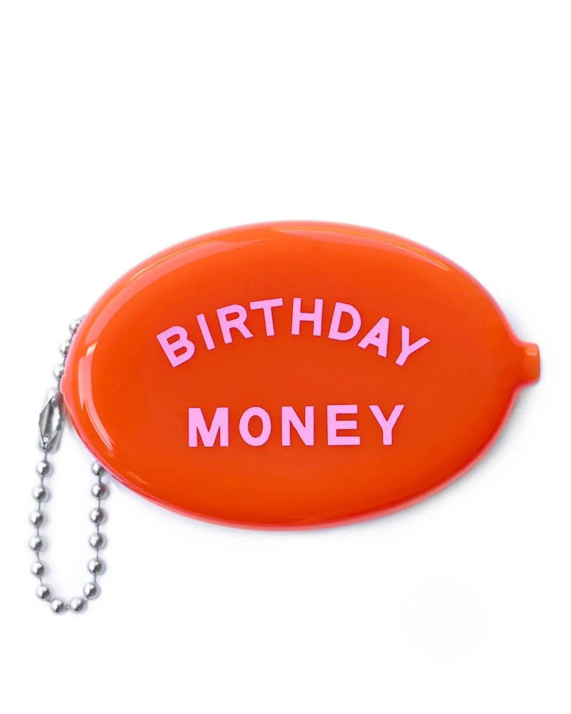 Red vinyl coin pouch with Birthday Money in cream text