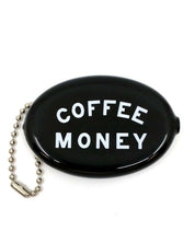 Black vinyl coin pouch with Coffee Money in white text