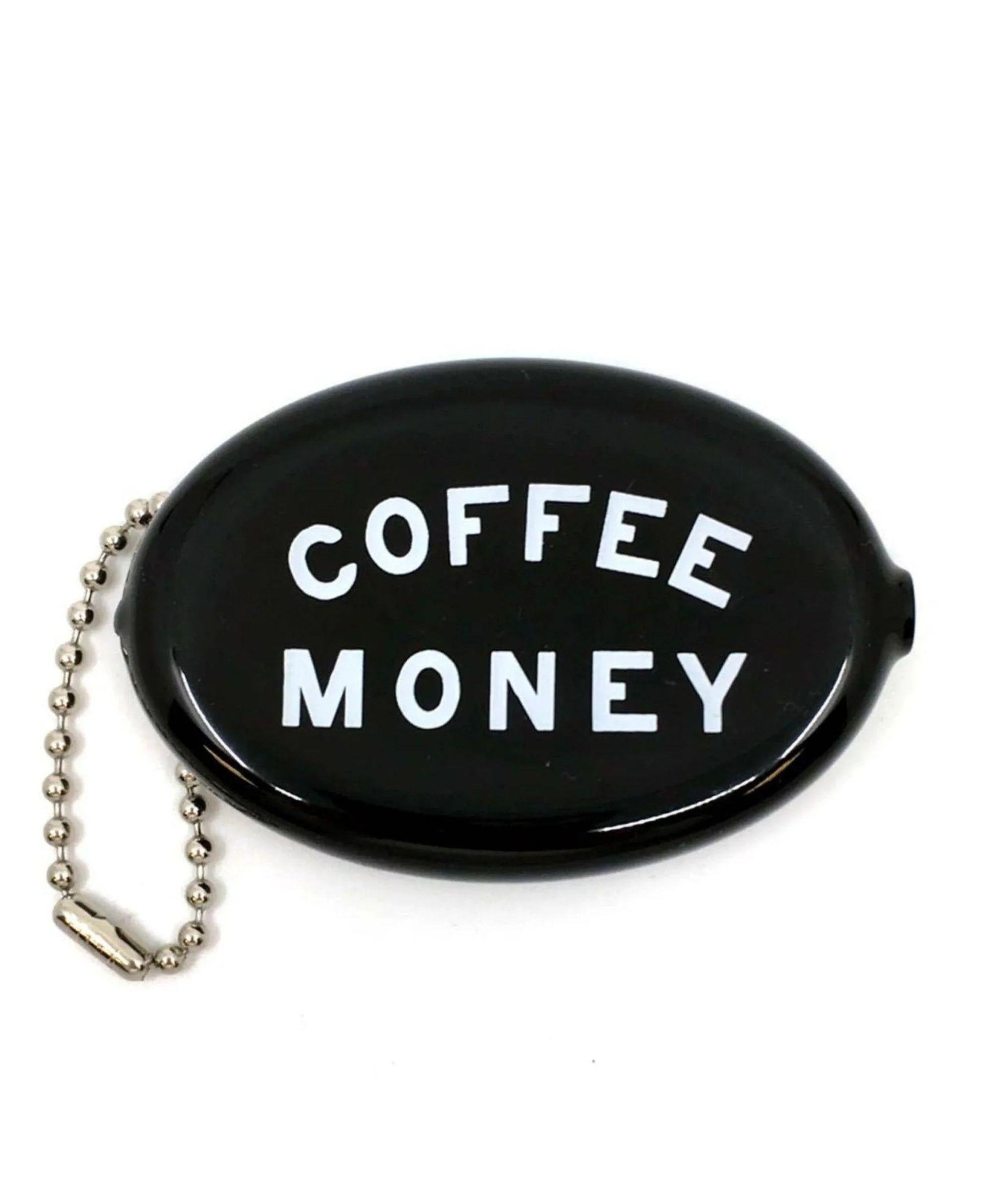 Black vinyl coin pouch with Coffee Money in white text