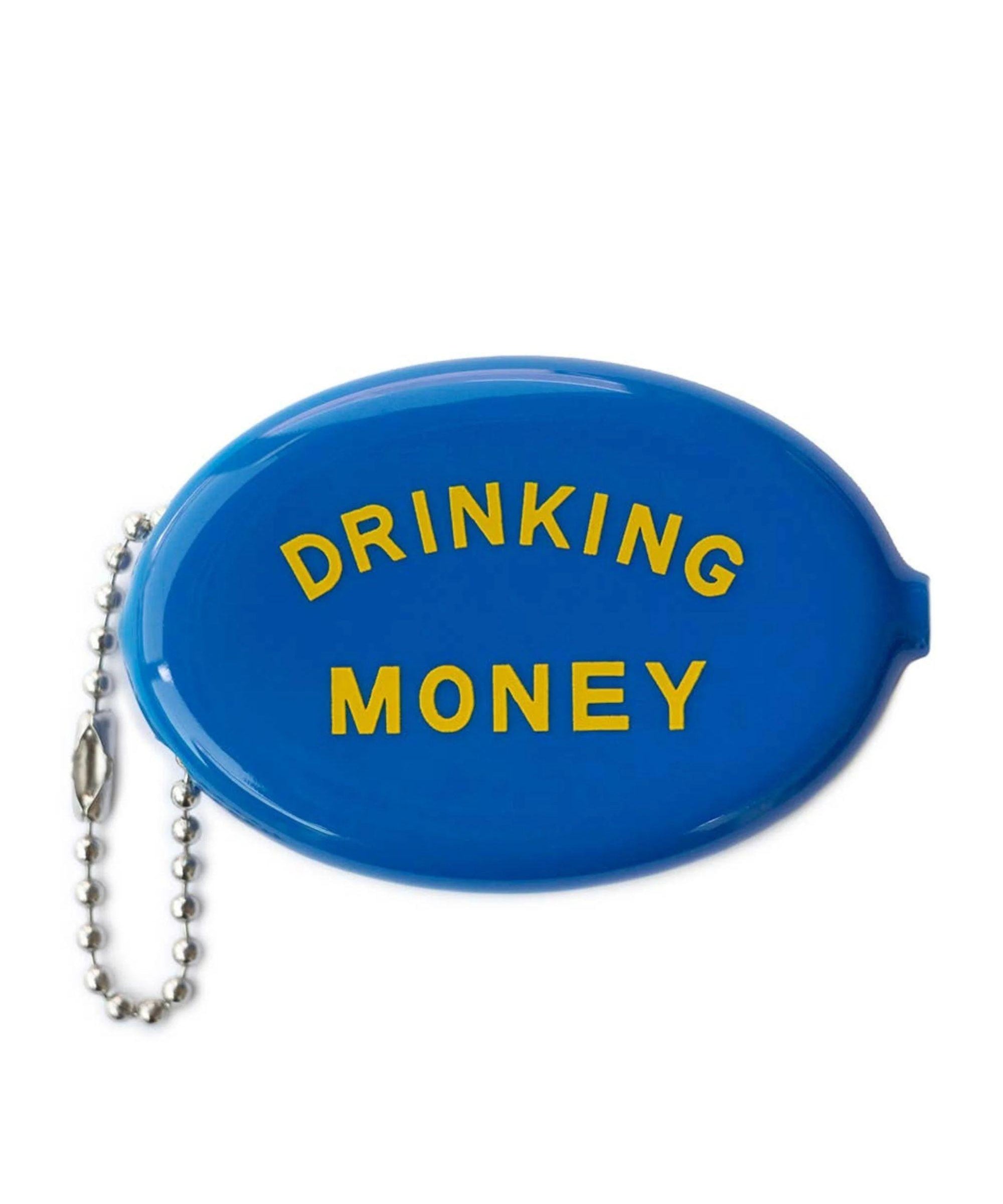 Blue vinyl coin pouch with Drinking Money in white text