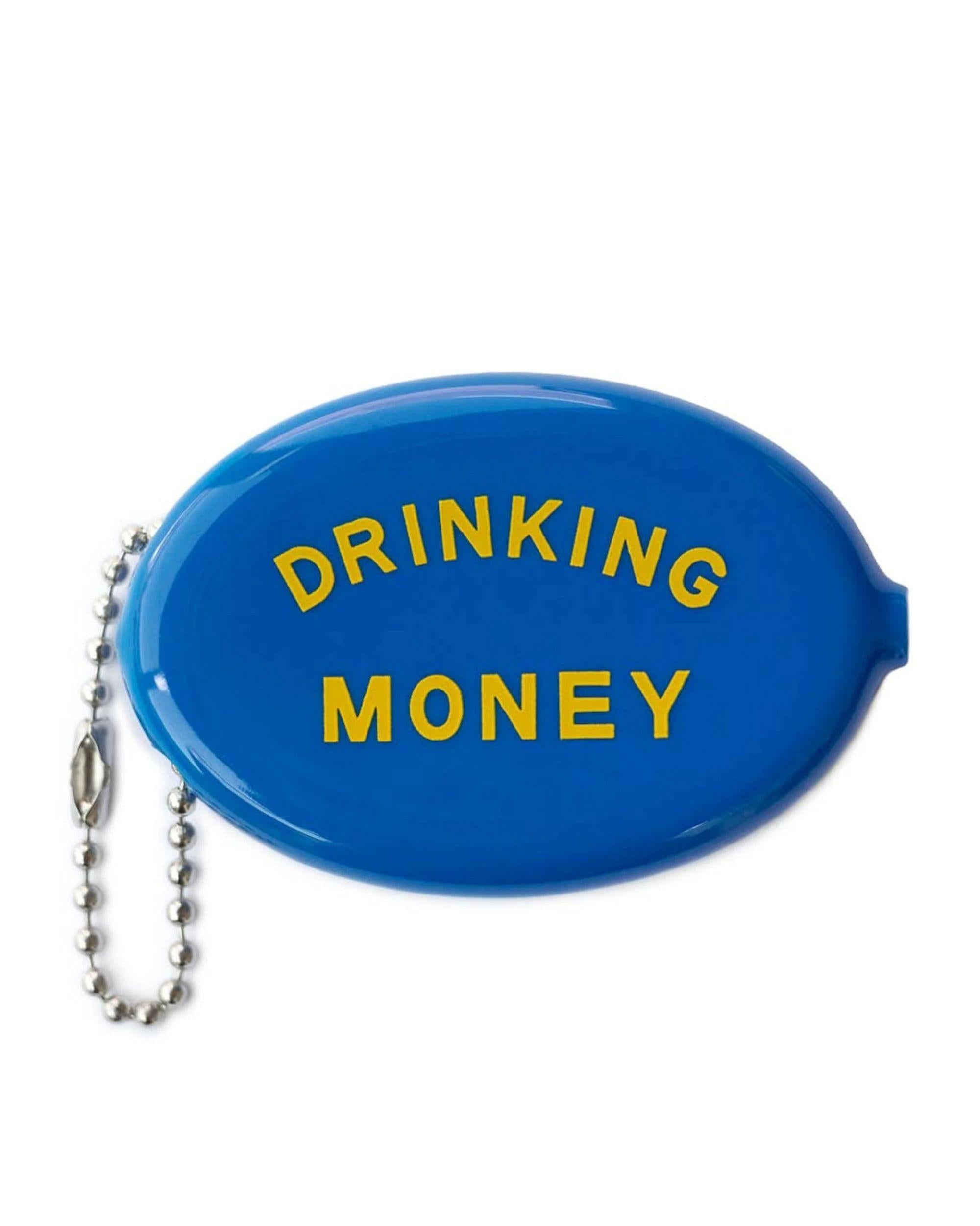 Blue vinyl coin pouch with Drinking Money in white text