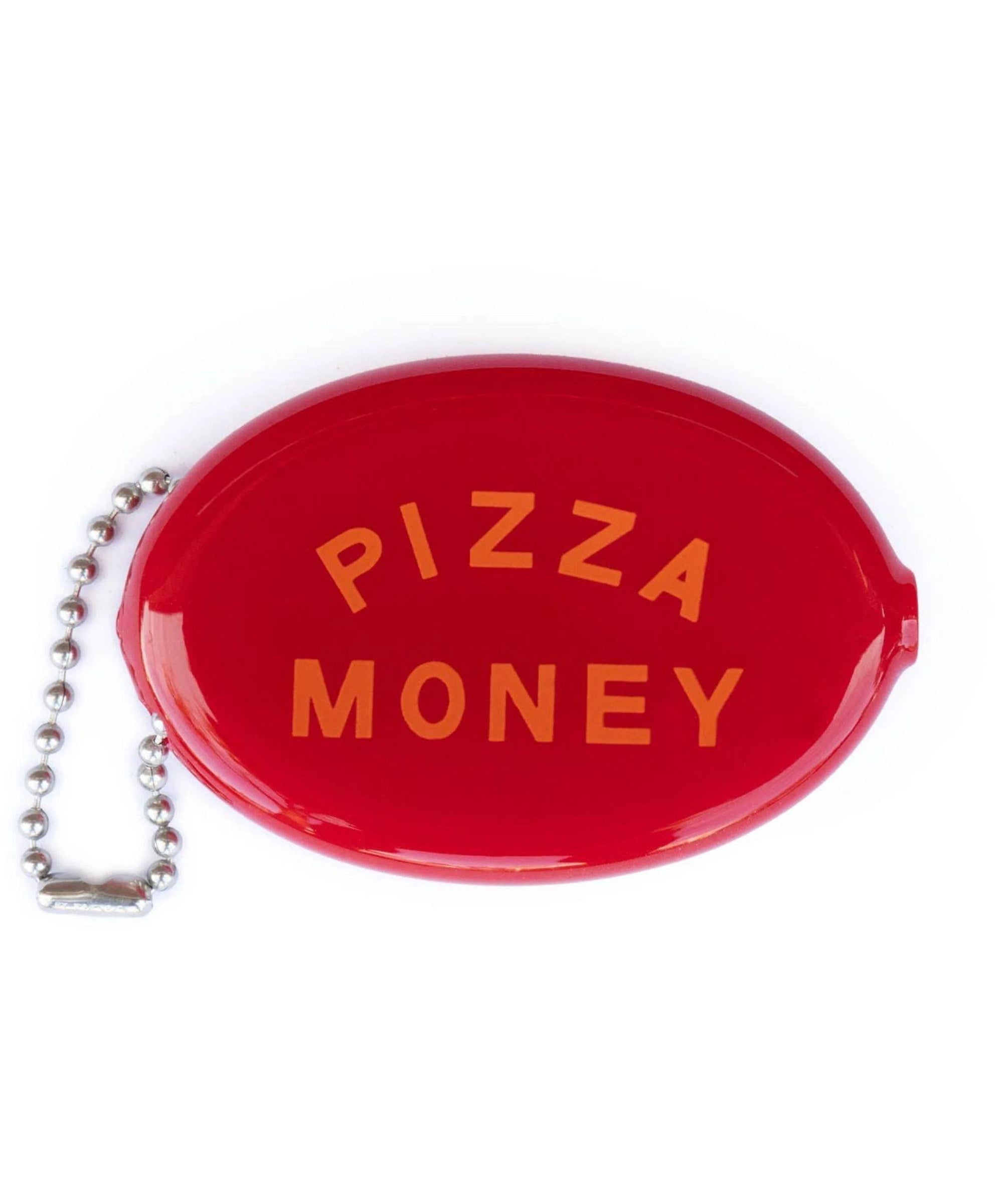 Red coin pouch with Pizza Money in orange text