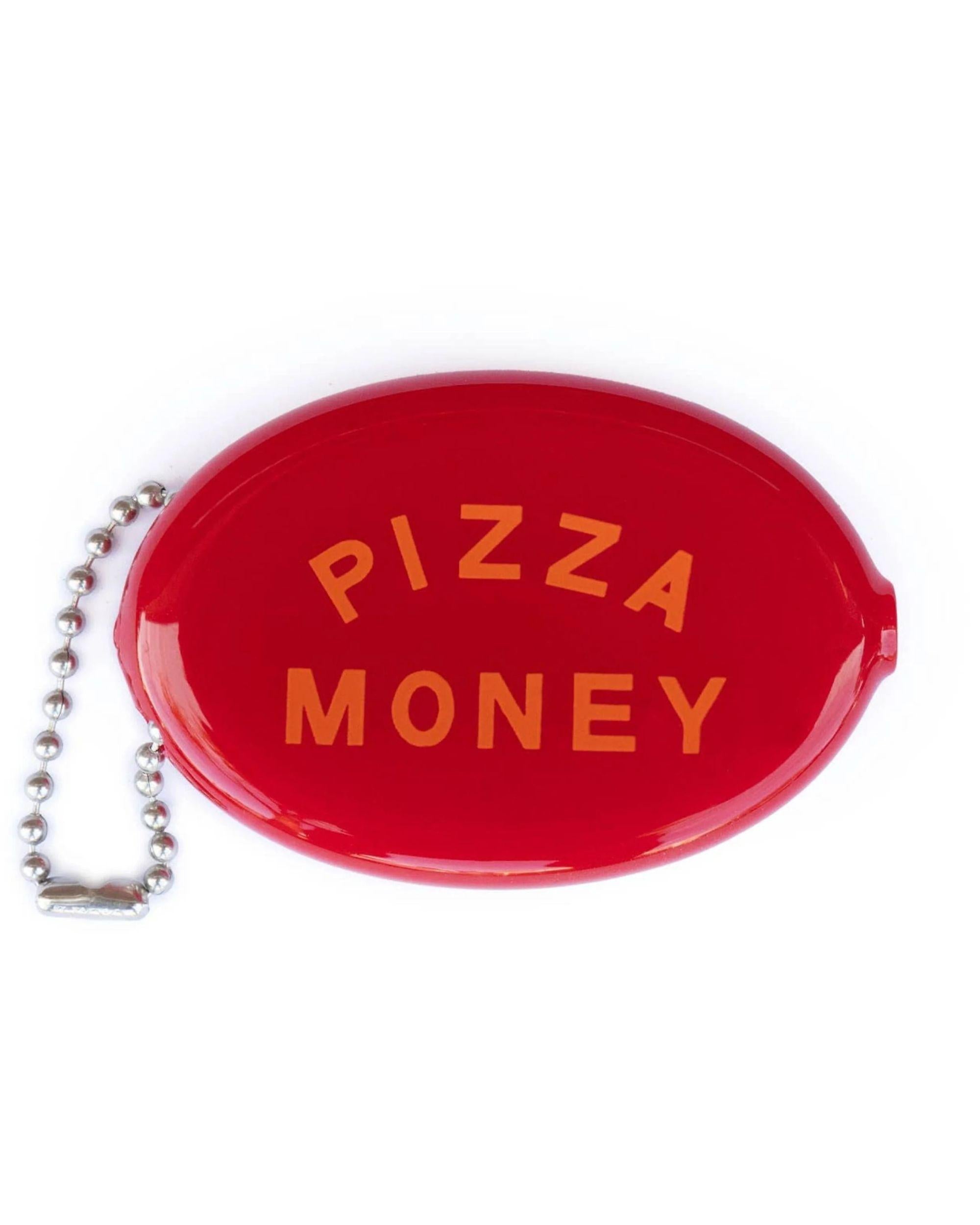 Red coin pouch with Pizza Money in orange text