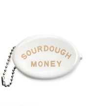 Cream vinyl coin pouch with Sourdough Money in grey text