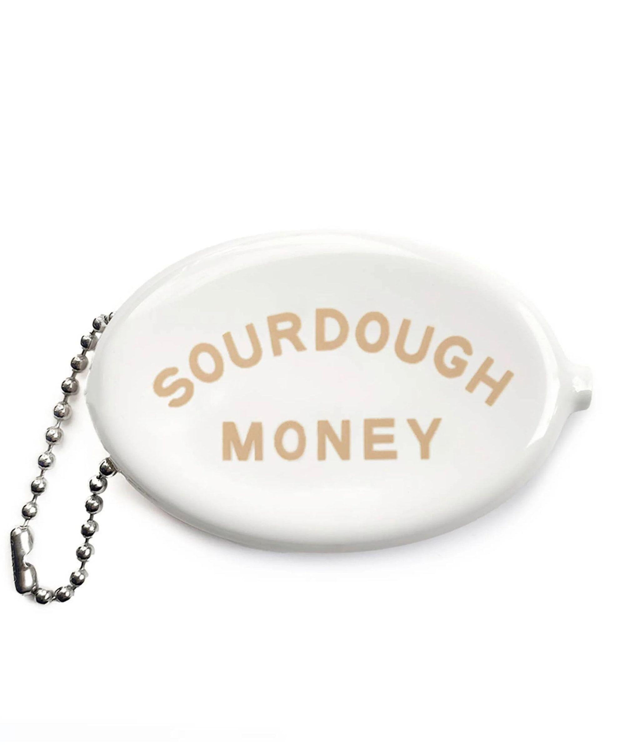 Cream vinyl coin pouch with Sourdough Money in grey text