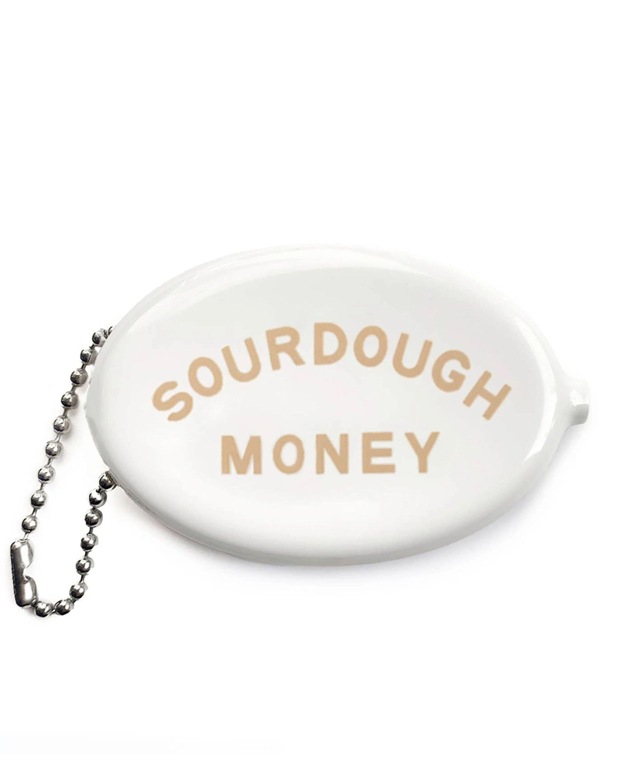 Cream vinyl coin pouch with Sourdough Money in grey text