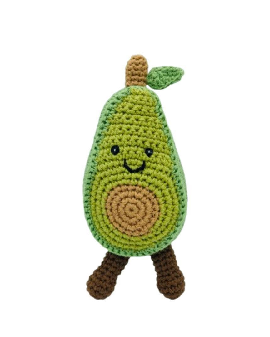Best Years crochet avocado baby rattle with dangling legs, organic cotton