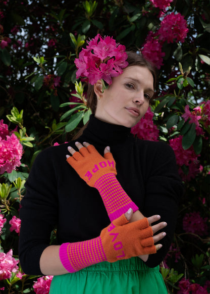 Fingerless Love Hope Gloves in Orange and Fuchsia Pink