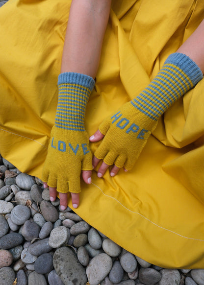 Fingerless Love Hope Gloves in Yellow and Sea Blue
