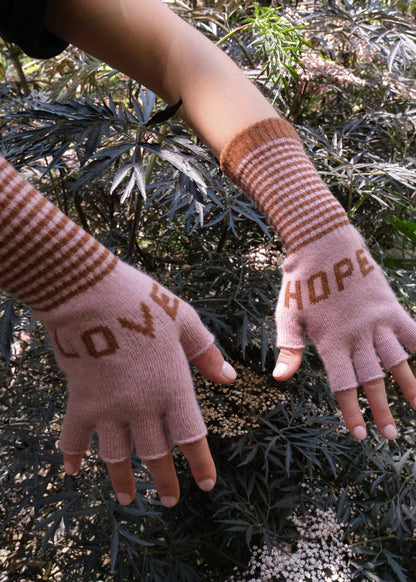 Fingerless Love Hope Gloves in Dusky Pink and Chestnut
