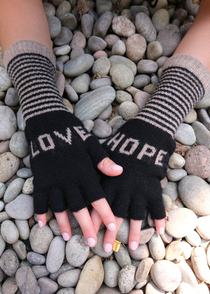 Fingerless Love Hope Gloves in Black and Taupe