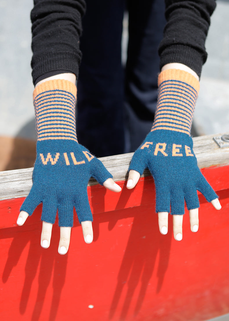 Fingerless Lambswool 'Wild Free' Gloves | Teal & Orange