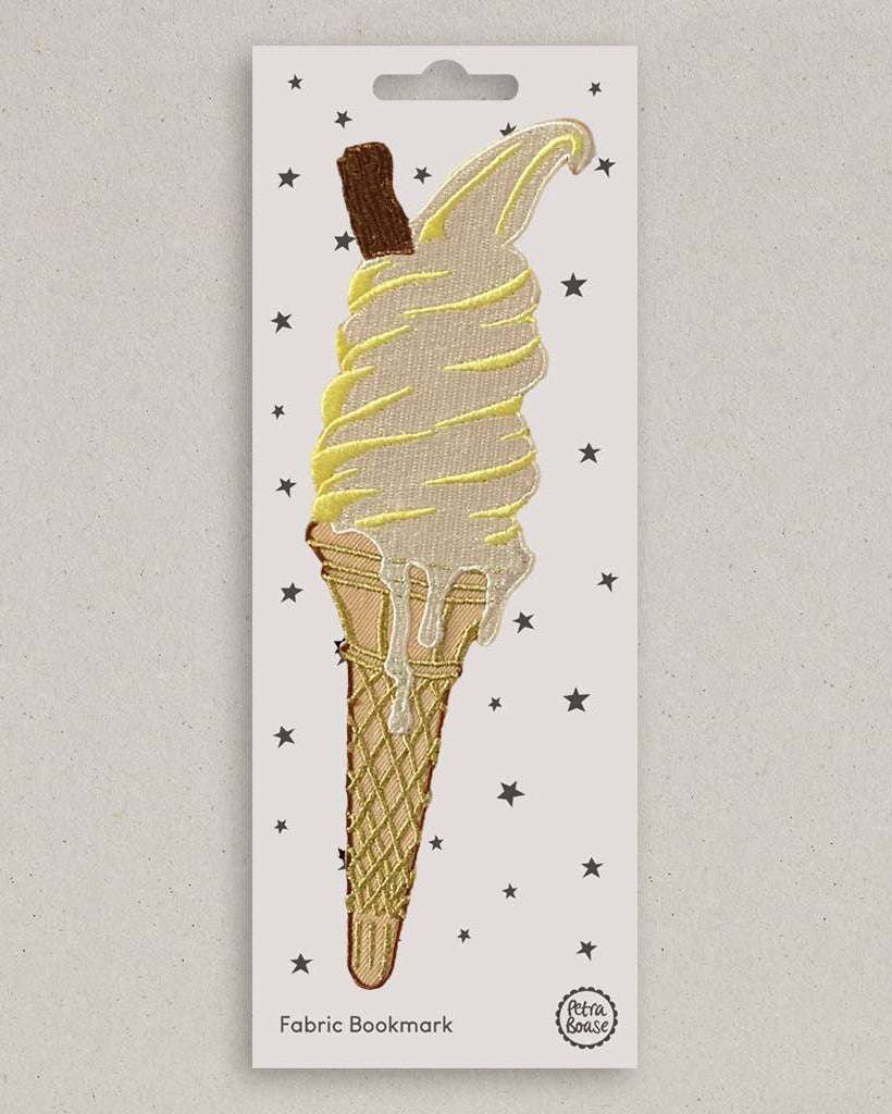 Petra Boase embroidered ice cream fabric bookmark on neutral background