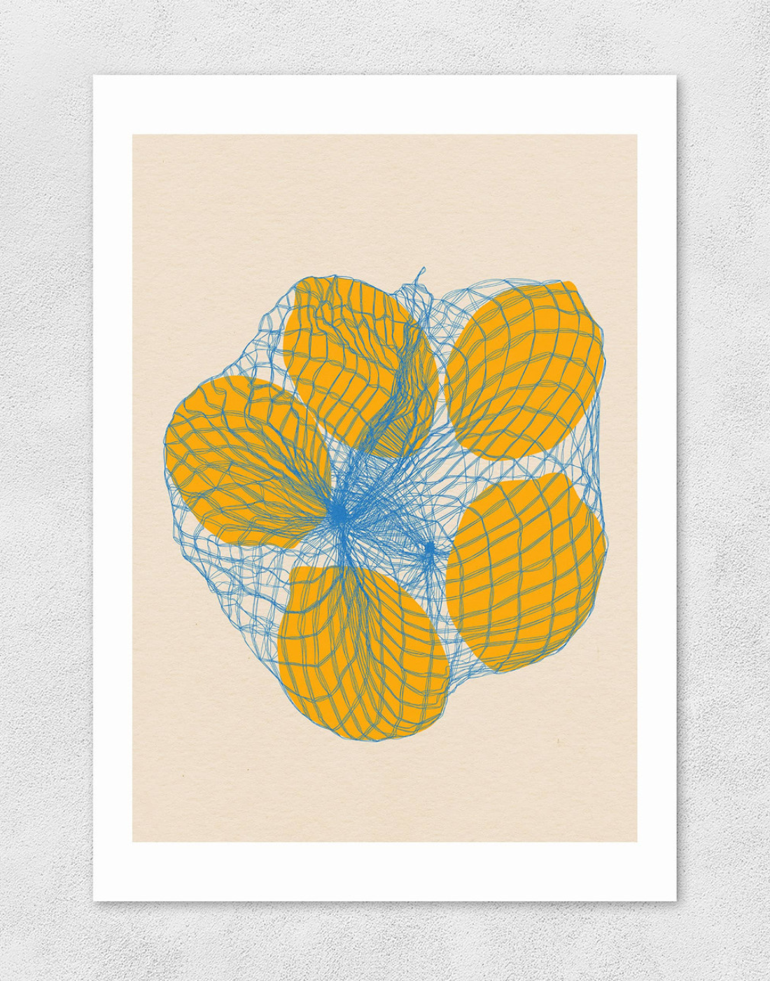 Five Lemons In A Net Bag A3 print by Rose Feist