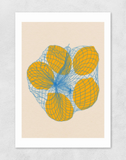 Five Lemons In A Net Bag A3 print by Rose Feist