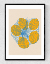 Five Lemons In A Net Bag A3 print by Rose Feist