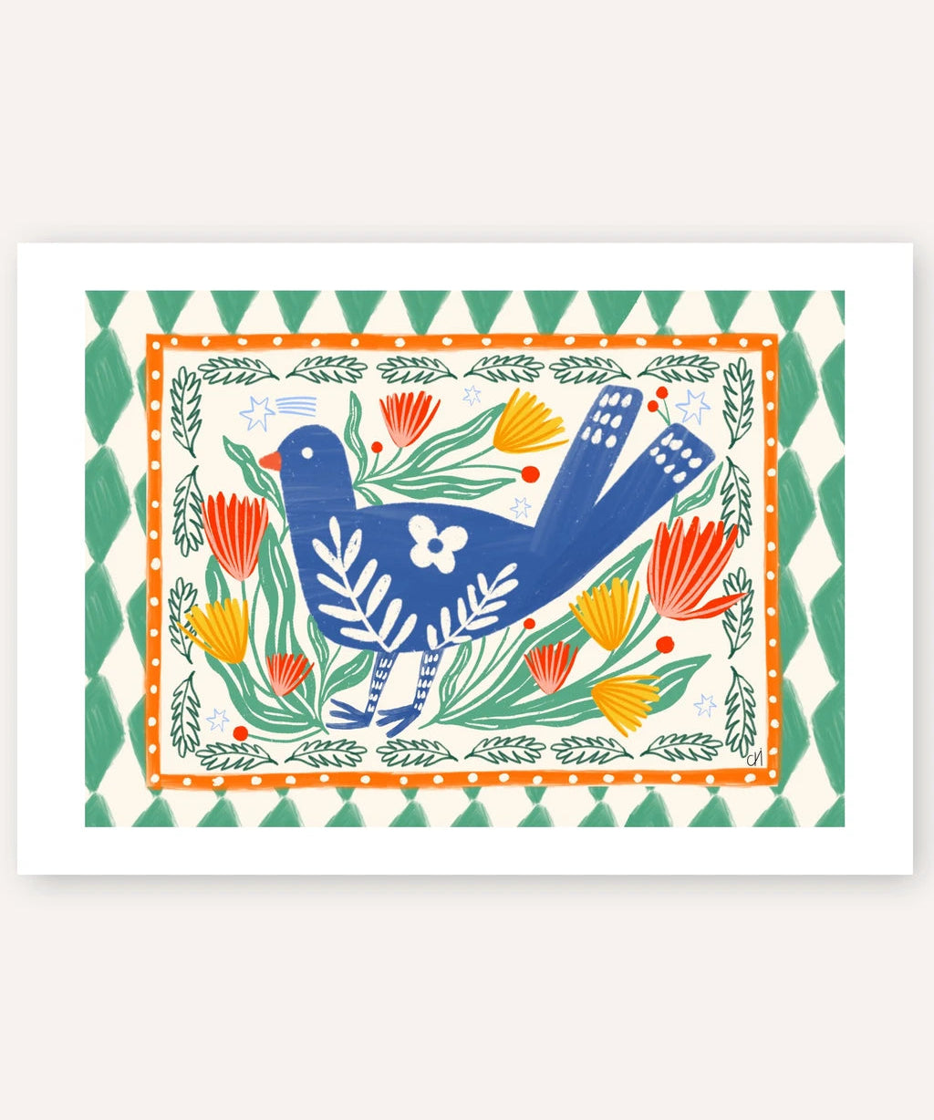 A square folk-art style print or card featuring a blue bird among green leaves and orange-red flowers, framed by a green and white patterned border on a light neutral background.
