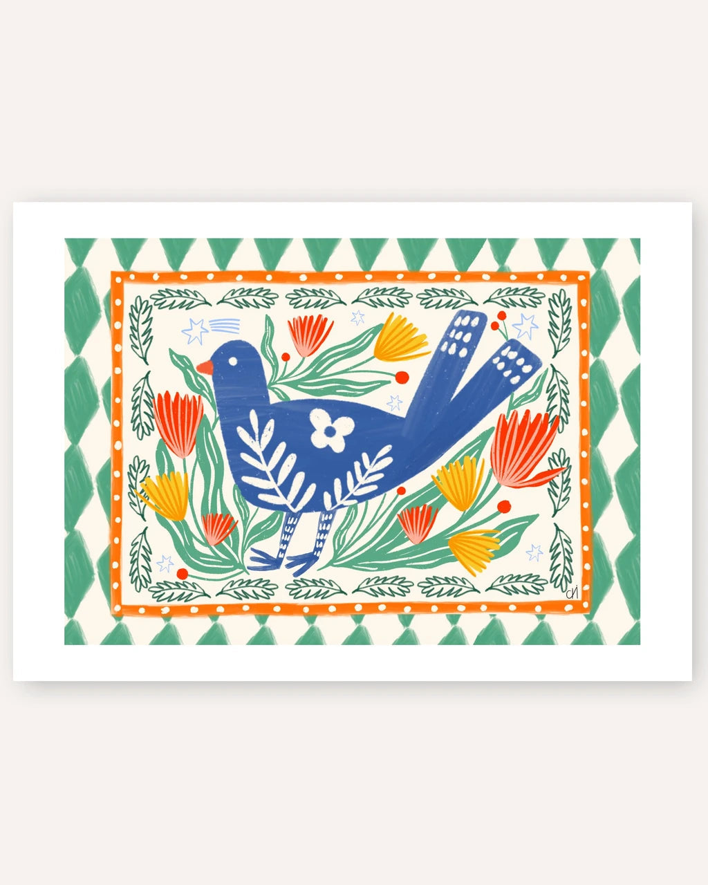 A square folk-art style print or card featuring a blue bird among green leaves and orange-red flowers, framed by a green and white patterned border on a light neutral background.