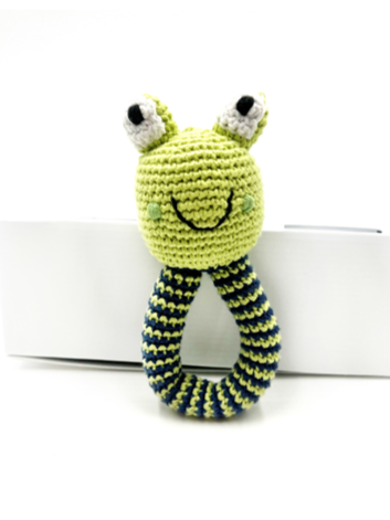 The Every Space handmade new baby green Frog Ring Rattle crocheted in organic cotton with polyester fill by Pebble Child