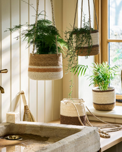 Hanging planters with greenery against a neutral wall