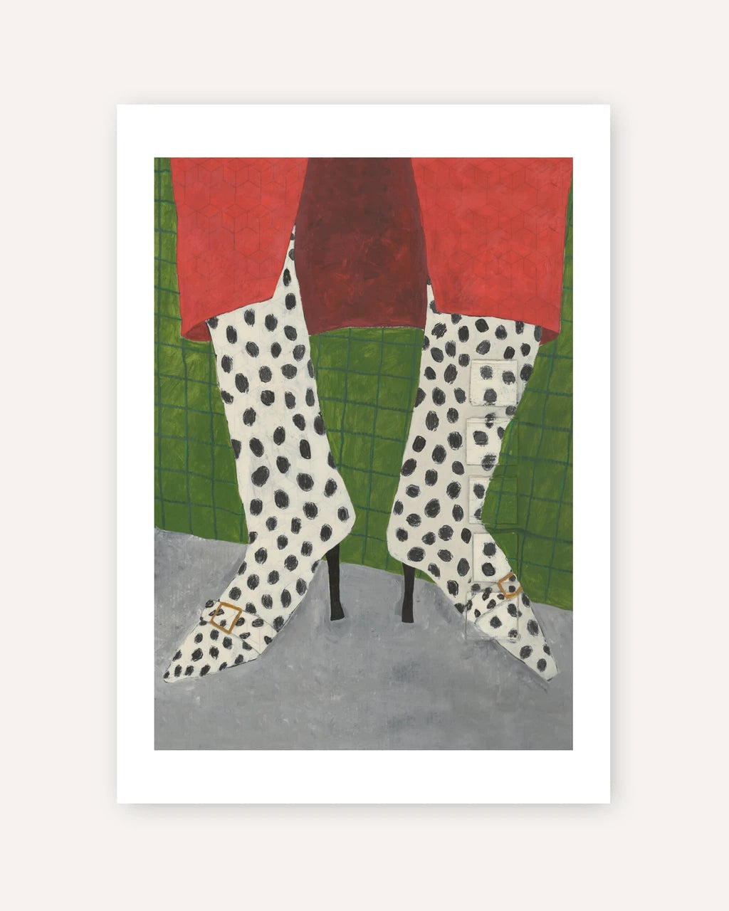 A framed art print featuring a stylized illustration of a person's legs wearing white high-heeled boots with black spots, red skirt hem, and a green grid-patterned background.