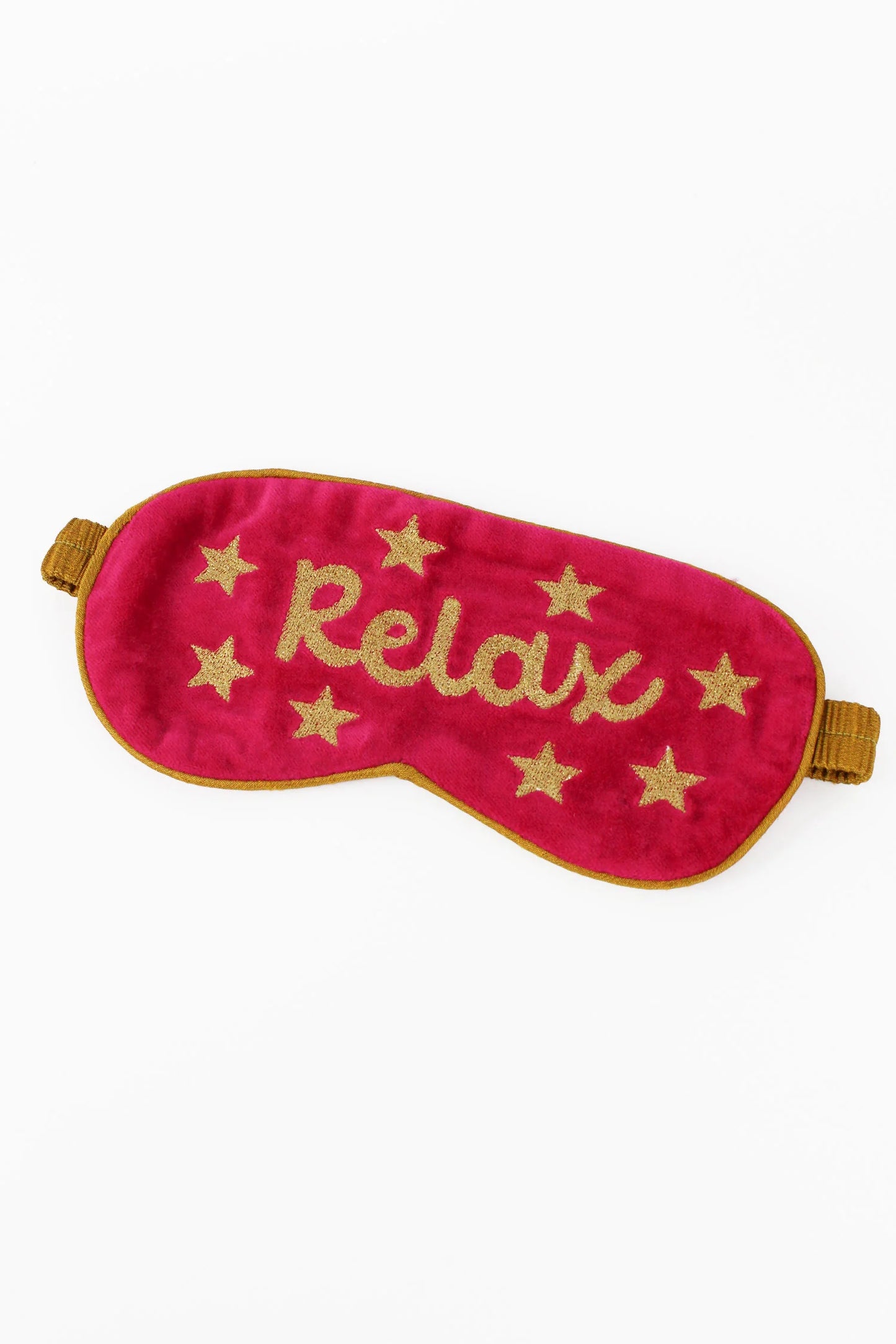 This beautiful 'dreamy' eye mask is embroidered in India using luxury gold thread onto plush pink velvet.
