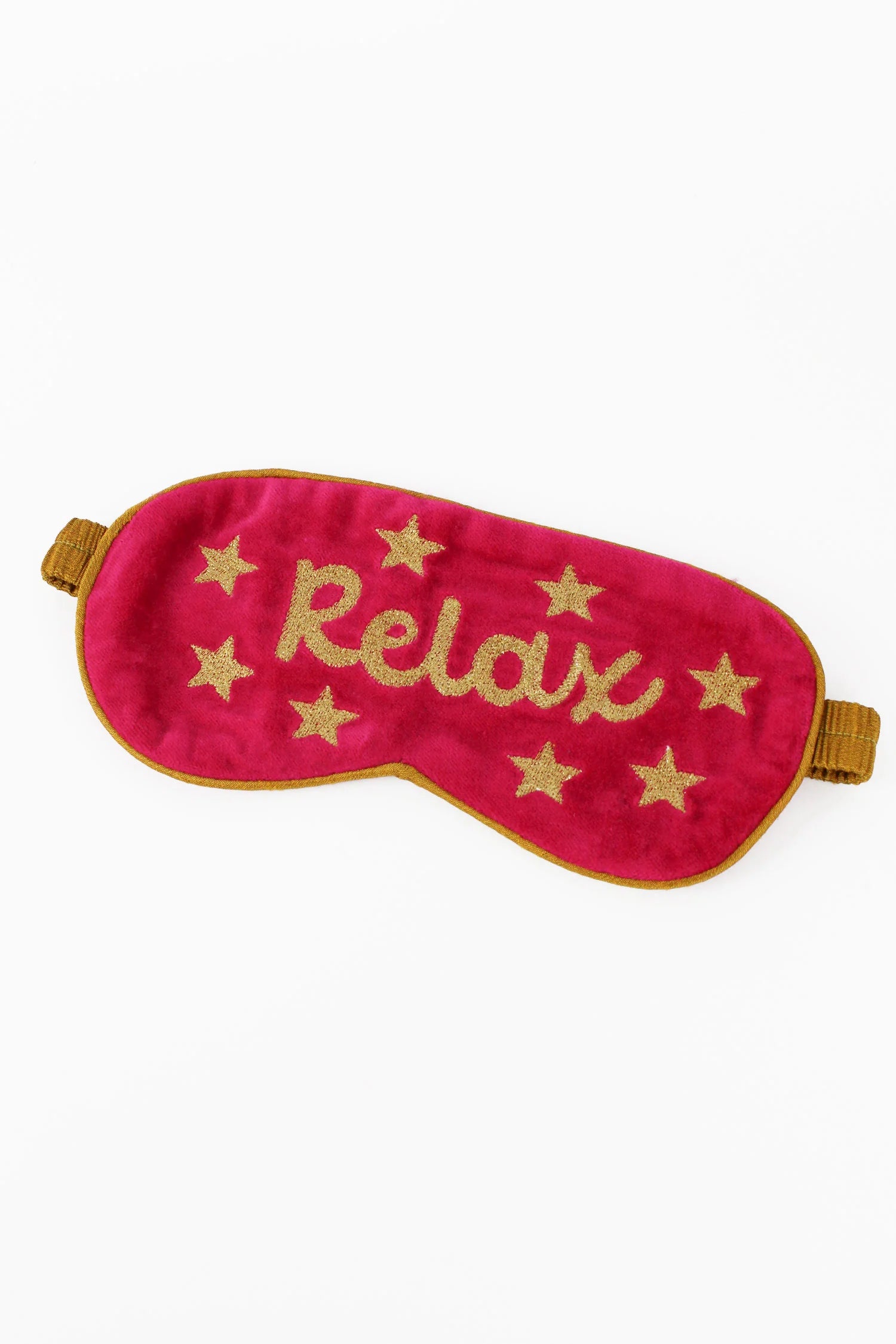 This beautiful 'dreamy' eye mask is embroidered in India using luxury gold thread onto plush pink velvet.