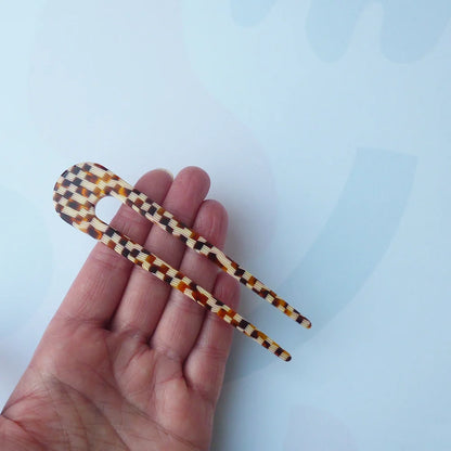 Honey Checker Hair pin, made from honey mix checker acetate, by Custom Made