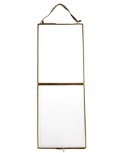 Hanging rectangular frame with a gold metal border on a white background