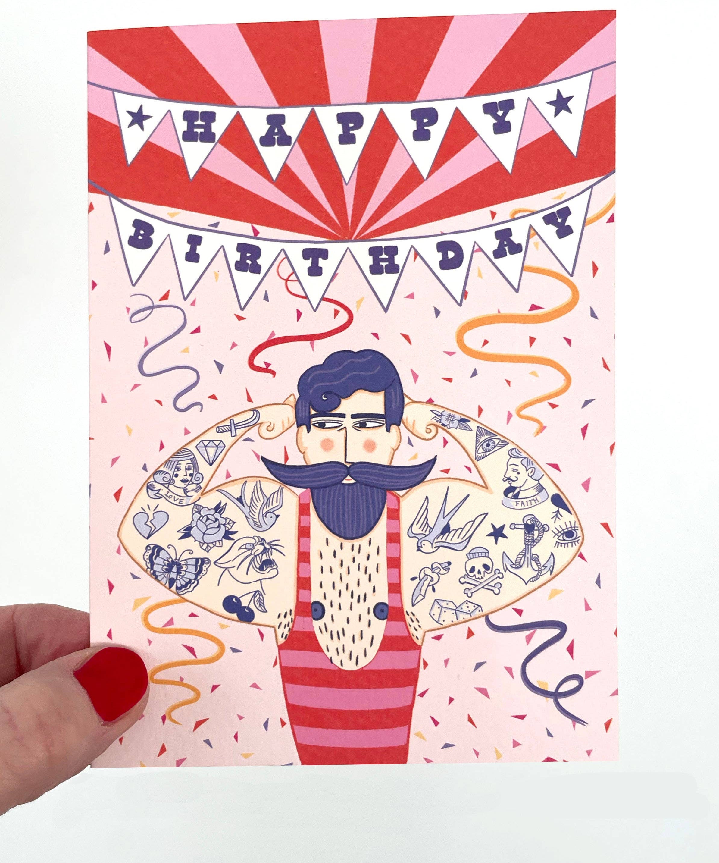 Birthday card with a stylized illustration of a man with tattoos and a colorful 'Happy Birthday' banner.